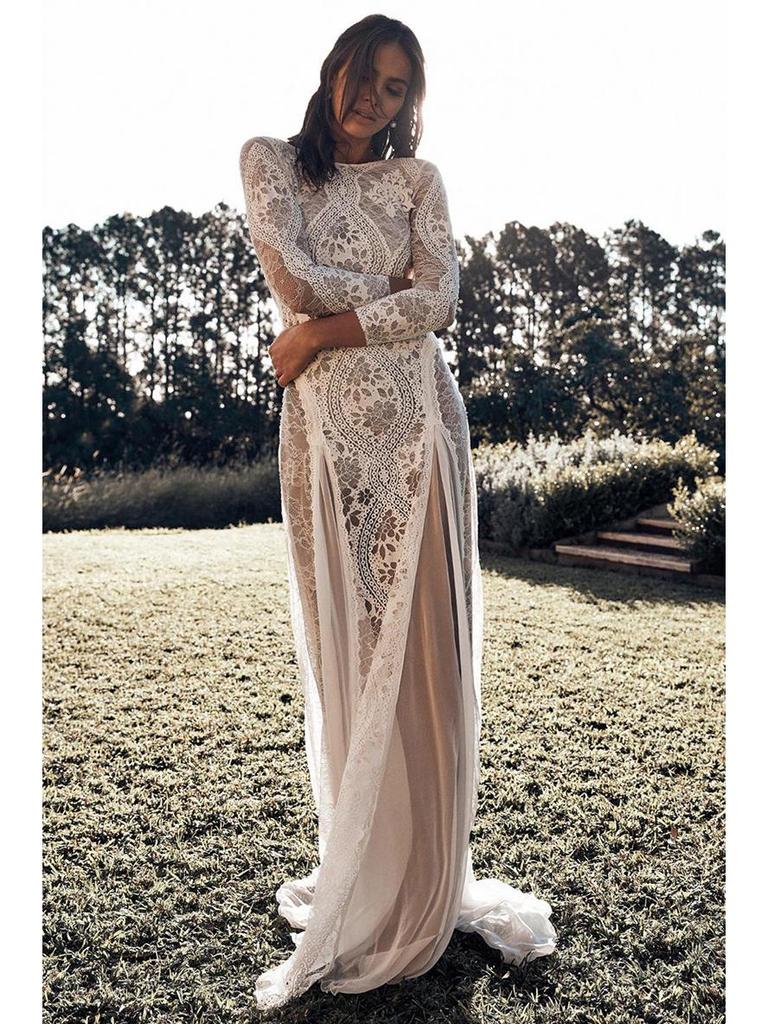 2025 Spring European & American Women's Celebrity Banquet Wedding Dress - Round Neck, Long Sleeve, Printed, Backless Lace