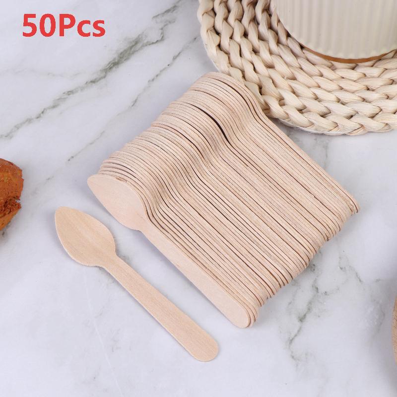 No Clean Disposable Wooden Square Spatulas Mini Dessert Tasting Spoons 50/100Pcs for -Up Shop Food Sampling
