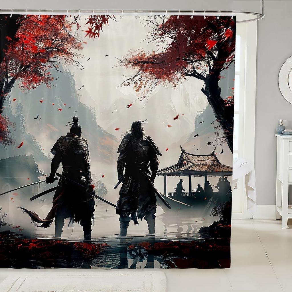 Japanese Samurai Bath Curtain Boys Girls  Landscape Shower Curtain for Kids Women Men Waterproof Sunset Bathroom Shower Curtain