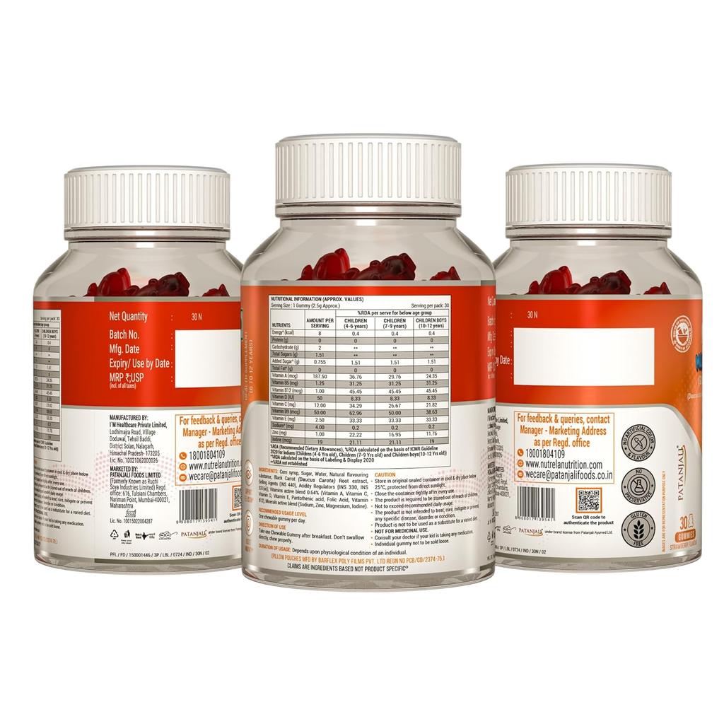 Nutrela Kids Multivitamin Gummies Strawberry Flavour 30 Gummies X Pack of 2 For Age 5+ Boost Immunity Bone Energy