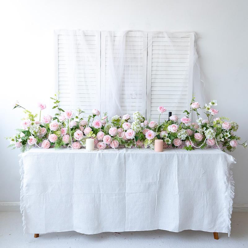 

Uflower 2m Pink Rose Flower Row Runner Artificial Decorative Flowers for Wedding Backdrop Party Prop Window Display 50X30CM