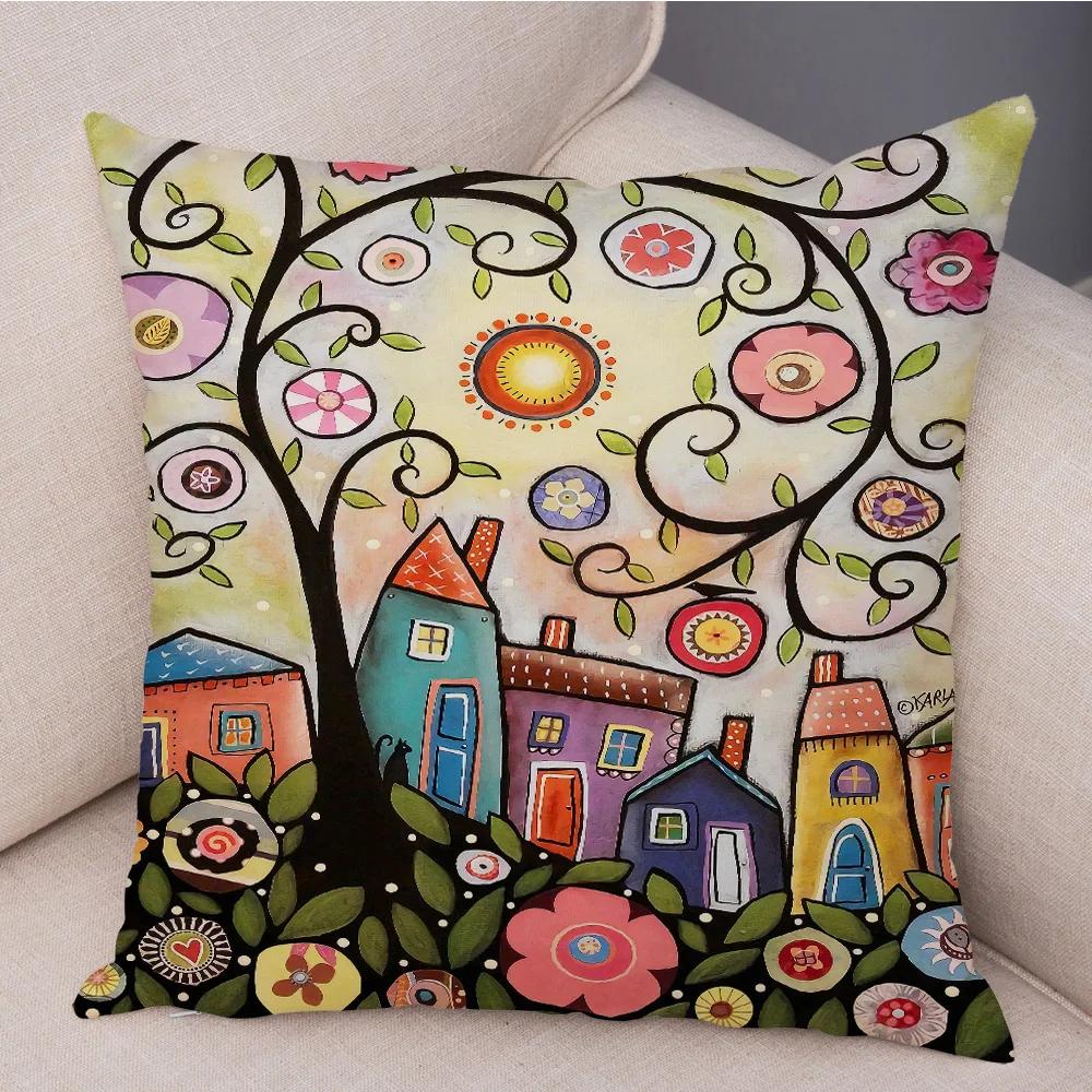 Retro Rural Color Cities Cushion Cover For Sofa Home Car Decor Colorful Cartoon House Pillow Case Tree Short Plush Pillowcase