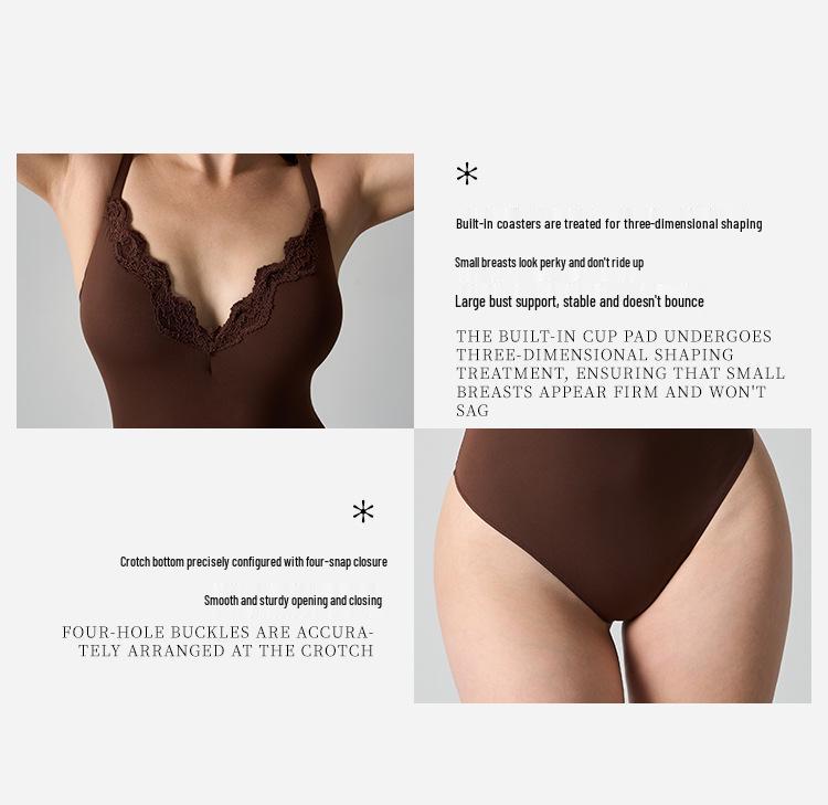 SKIMS Style Lace Trim Nude Bodysuit with Bra Pads - Sexy Women's Camisole 