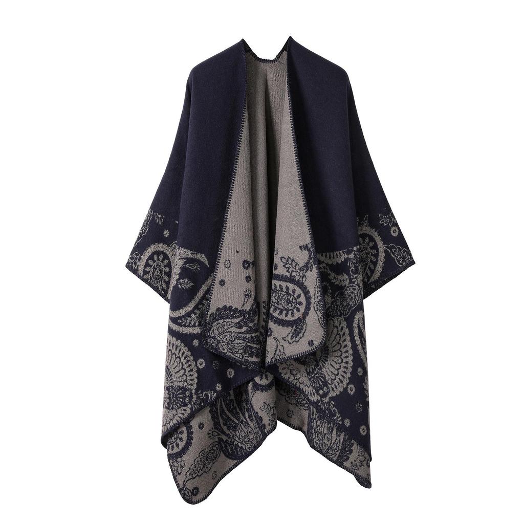 Women's Double-Sided Tassel Shawl Cloak - Classic Slit Design, Warm Travel Cape