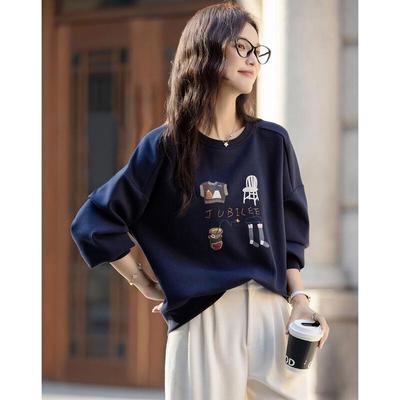 DeMana Women's Korean Style Embroidered Round Neck Sweatshirt