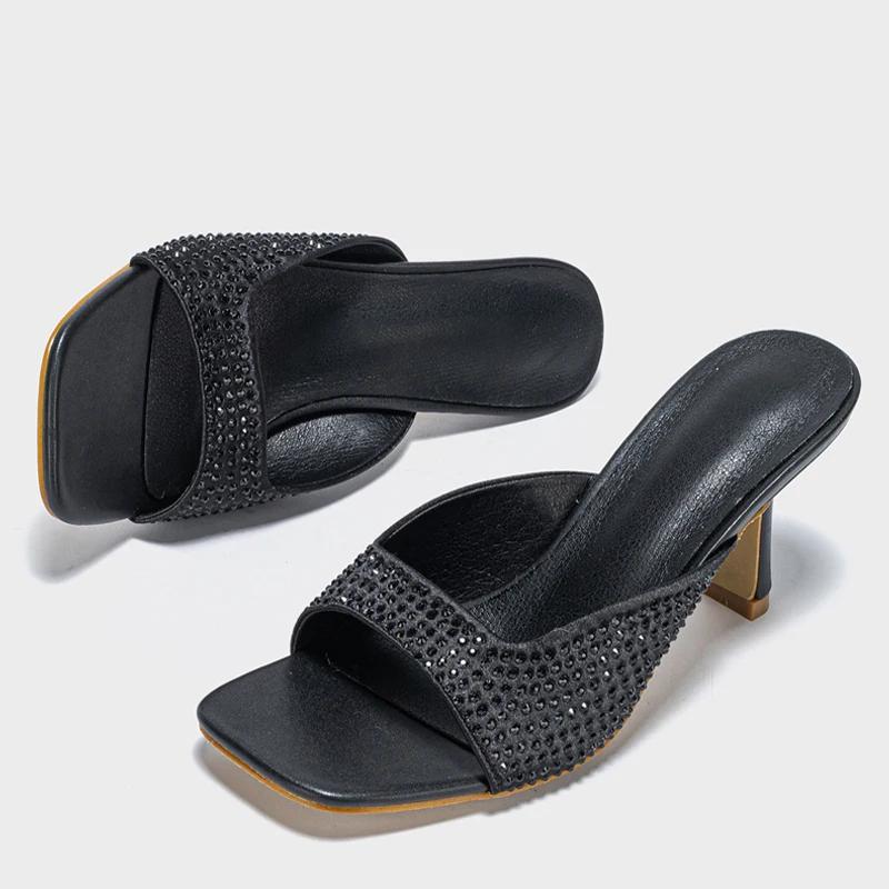 Μόδα Eilyken Καλοκαιρινές Παντόφλες με Τετράγωνο Ποδολόγιο και Στρας Γυναικείες Χαμηλό Τακούνι Παπούτσια Slip-on για Πάρτι Zapatos De Mujer