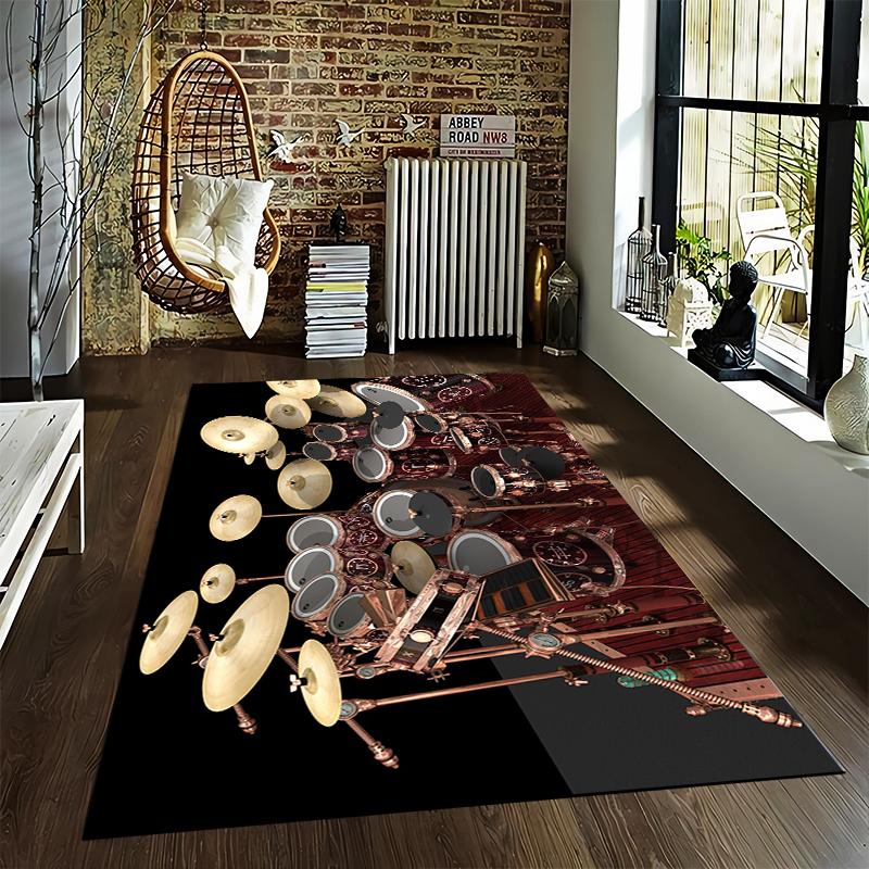 Gold and Bronze Musical Drum Set Art Carpet for Home Decor Suitable for Use As an Anti-slip for Living Room Bedroom Sofas