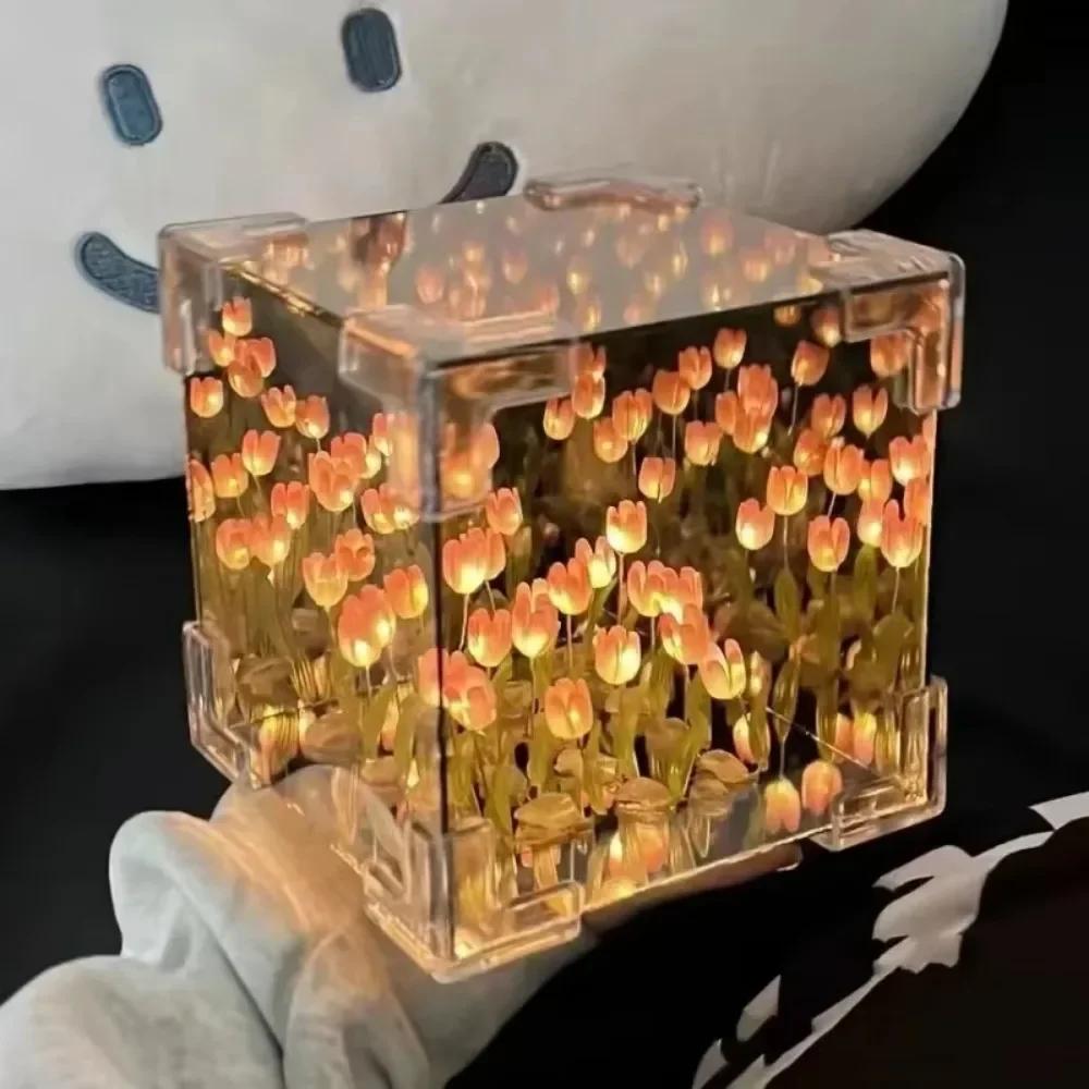DIY Tulip Mirror Cube Lamp Simulation Artificial Flowers Bedroom Table Lamp Handmade Craft Tulip Mirror Night Light Birthday