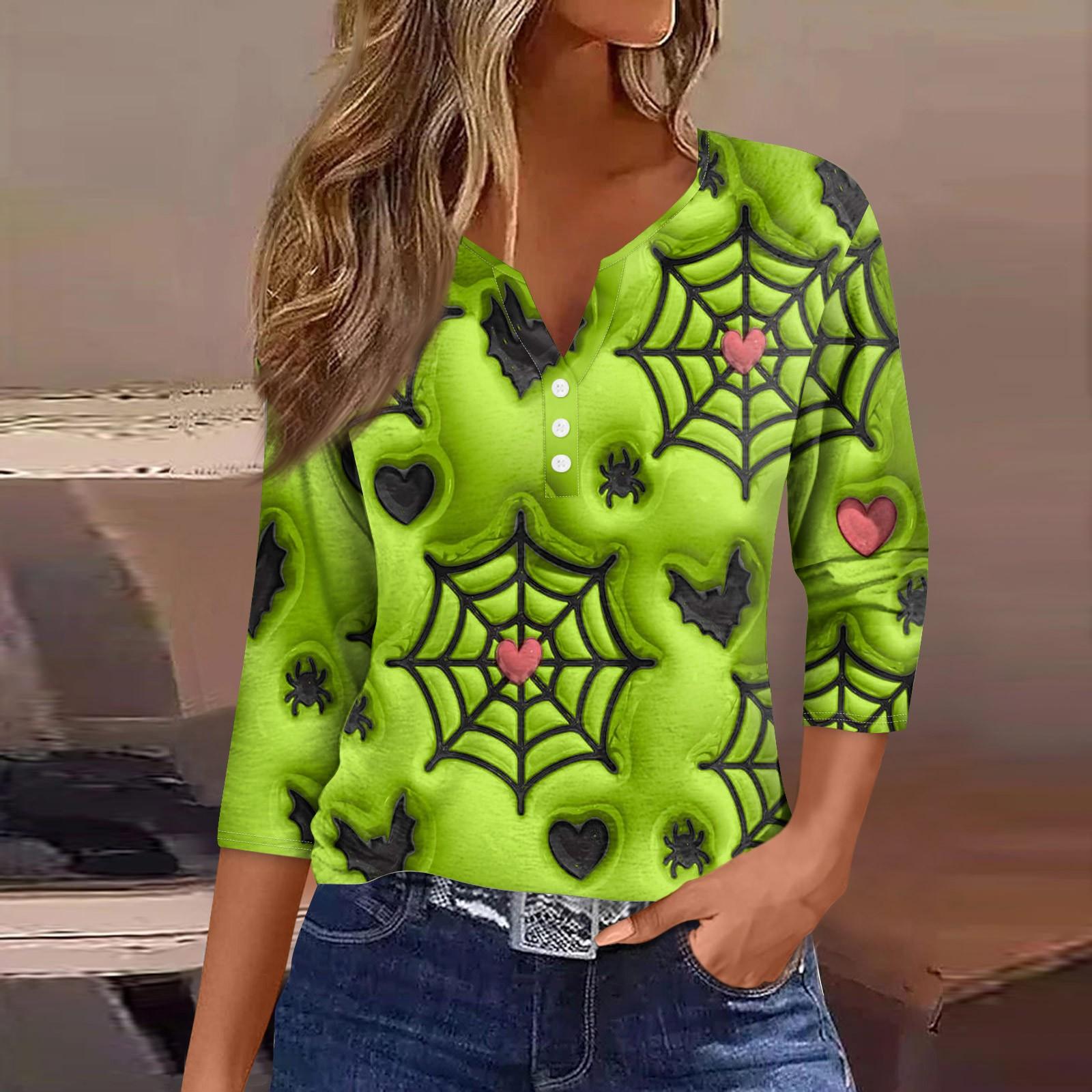 

Женская футболка с V-образным вырезом на пуговицах, с рукавом три четверти, на Хэллоуин L