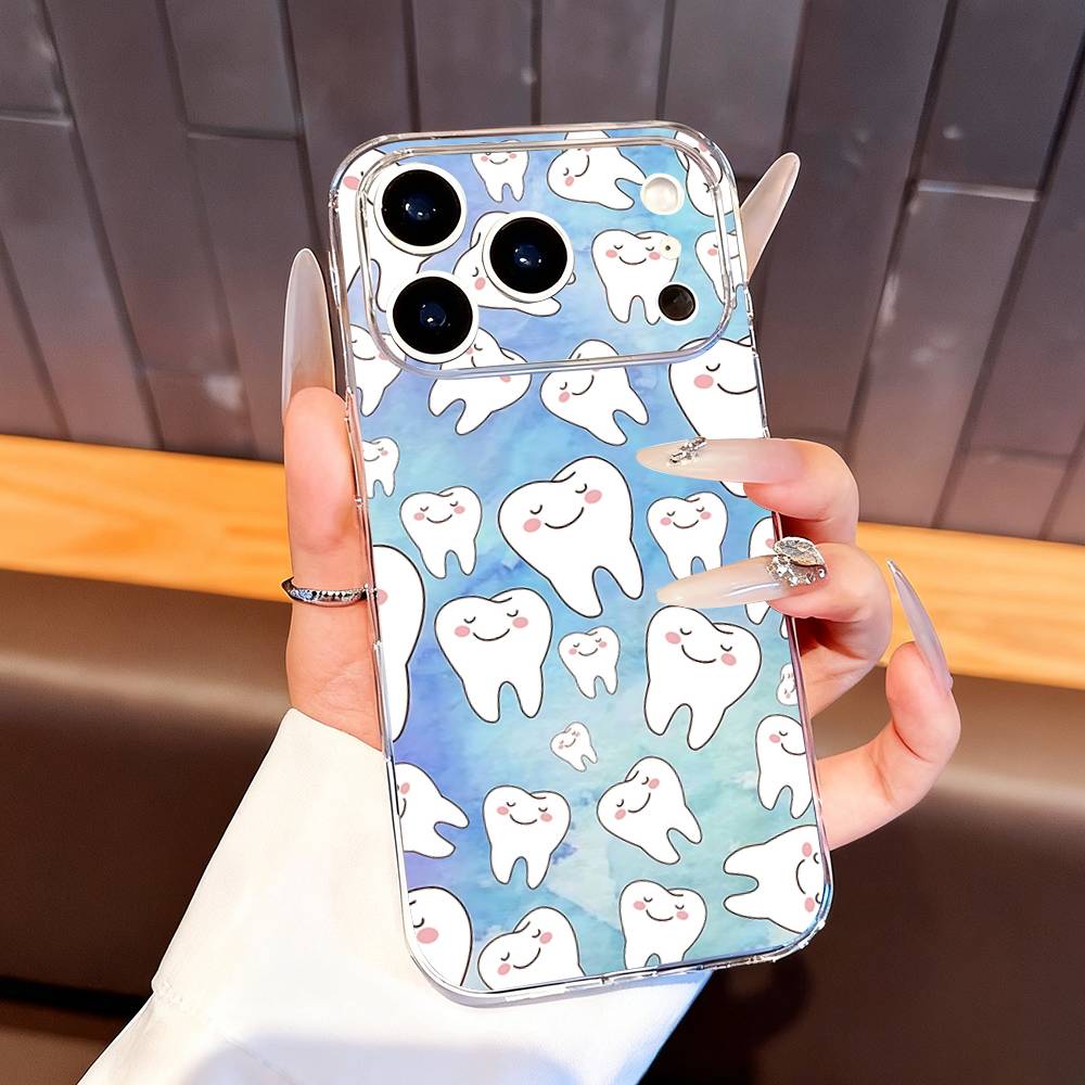 Cartoon Zähne Zahnarzt Handyhülle Für iPhone 7,17,16,15,14,13,12,11 Pro,Max,Plus,XR,Mini,E Klar Vollständige Abdeckung Weiche Hülle