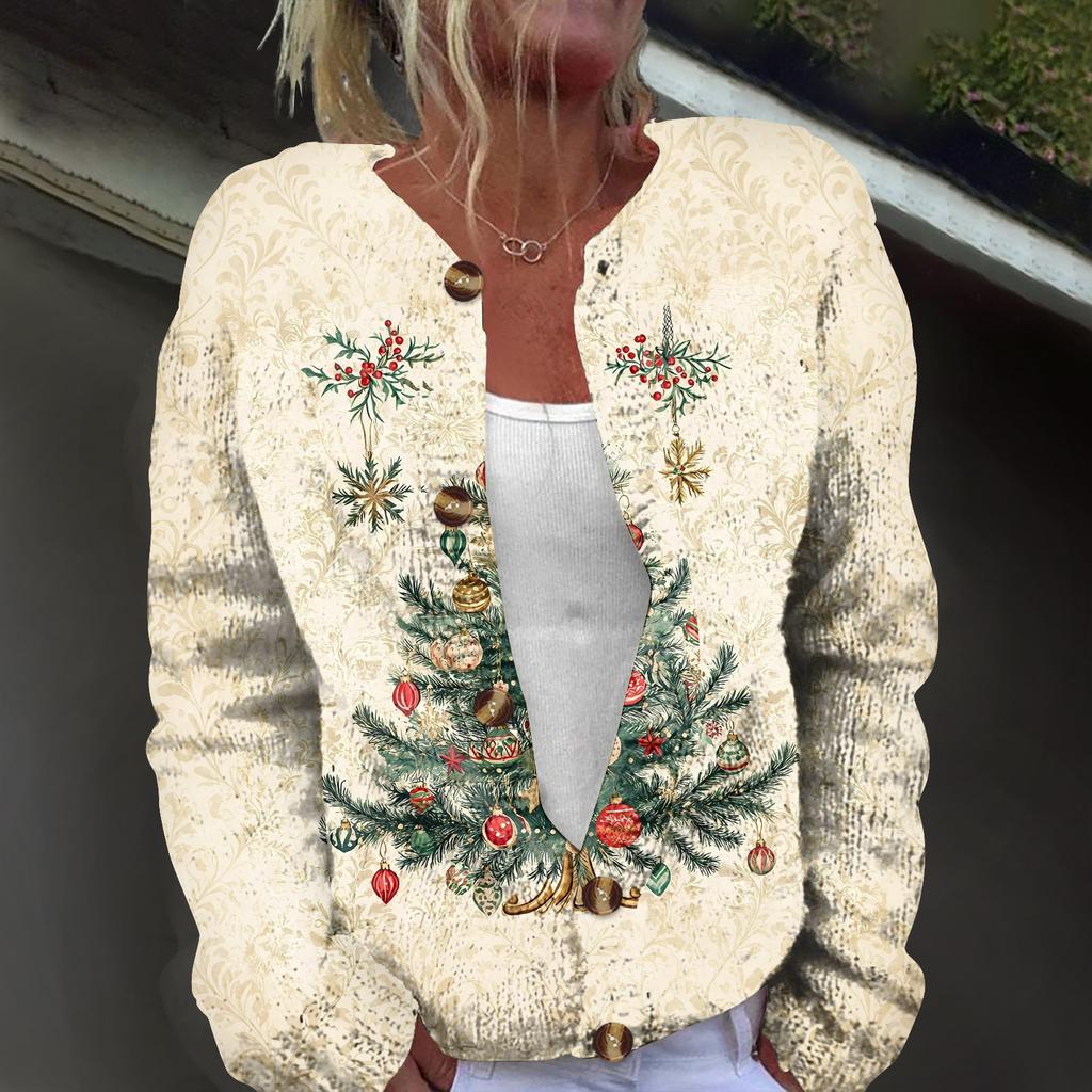 Women's Fashion Christmas Printed Long Sleeve Knitted Cardigan Button Down Jacket