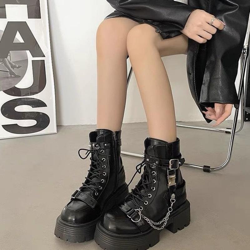 Mode Rutschfeste Weichsohle Motorradstiefel für Damen Stiefeletten Outdoor Weichsohle Damen Plateau-Stiefel Botas Altas Plataforma Mujer