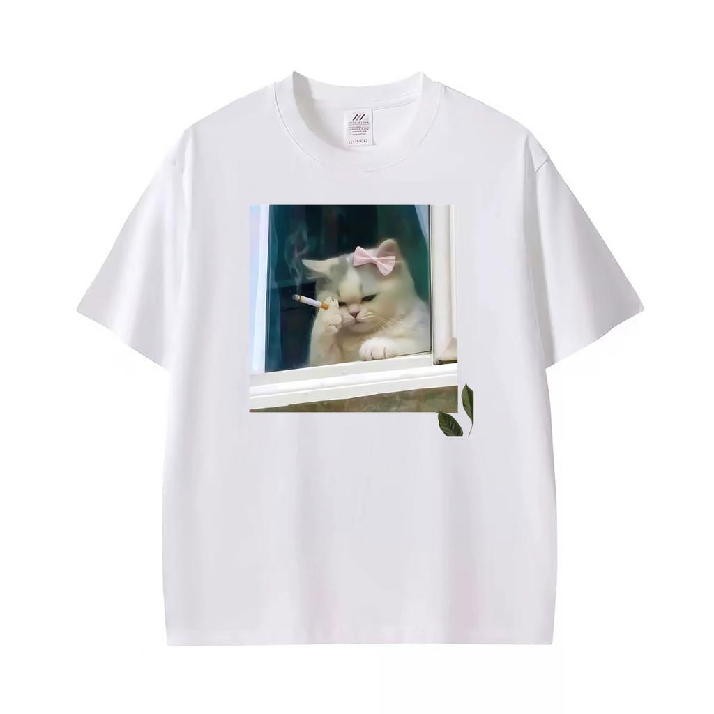 Funny Ironic Stressed Cat Meme Coquette Persian Smoking Humor Tshirt Unisex Unisex Fashion Short Sleeve High Quality Cotton T Shirt