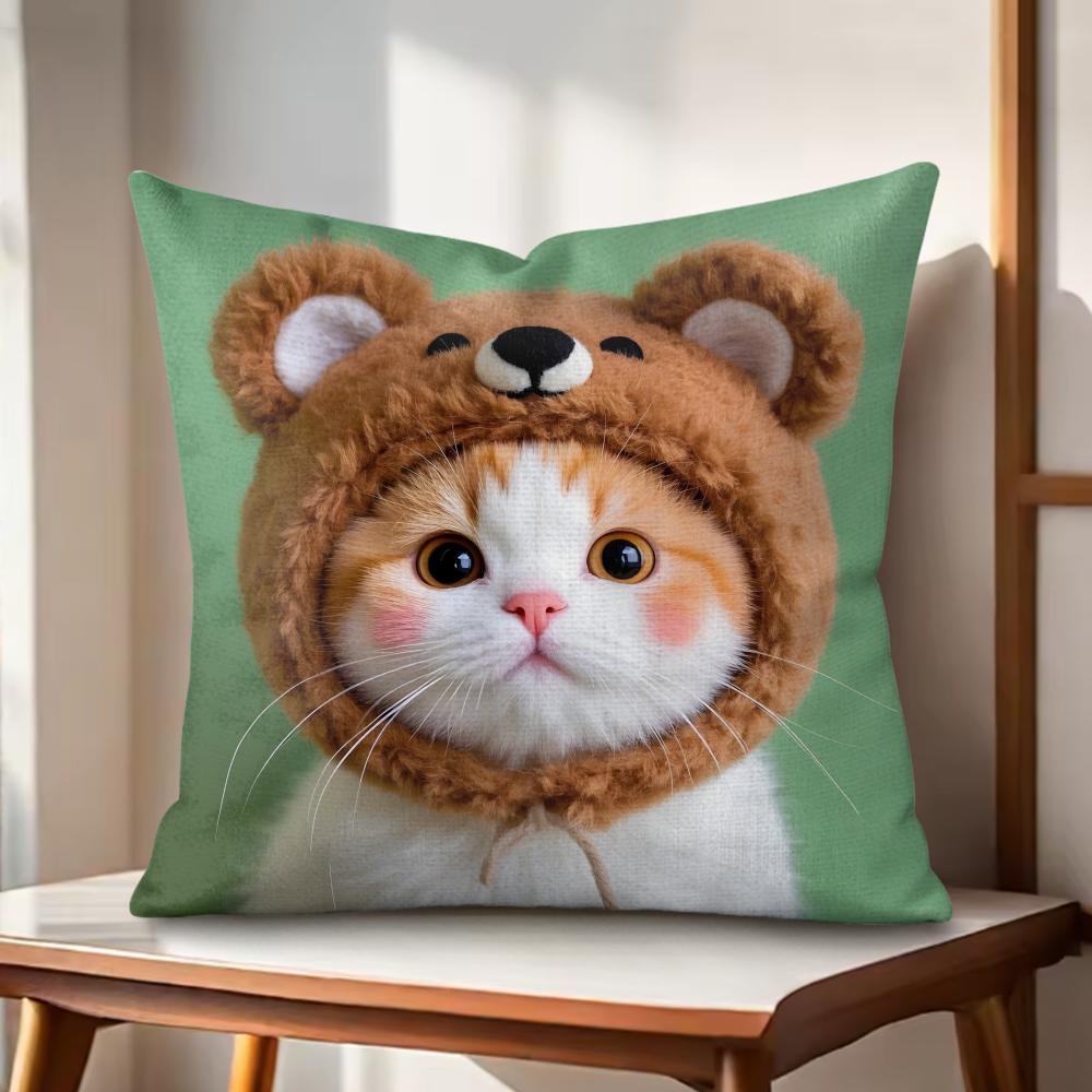 Cute Cat Kawaii Cushion Cover Natural Linen Organic Fabric DoubleSided Printing Couch Pillow Covers Home Decor
