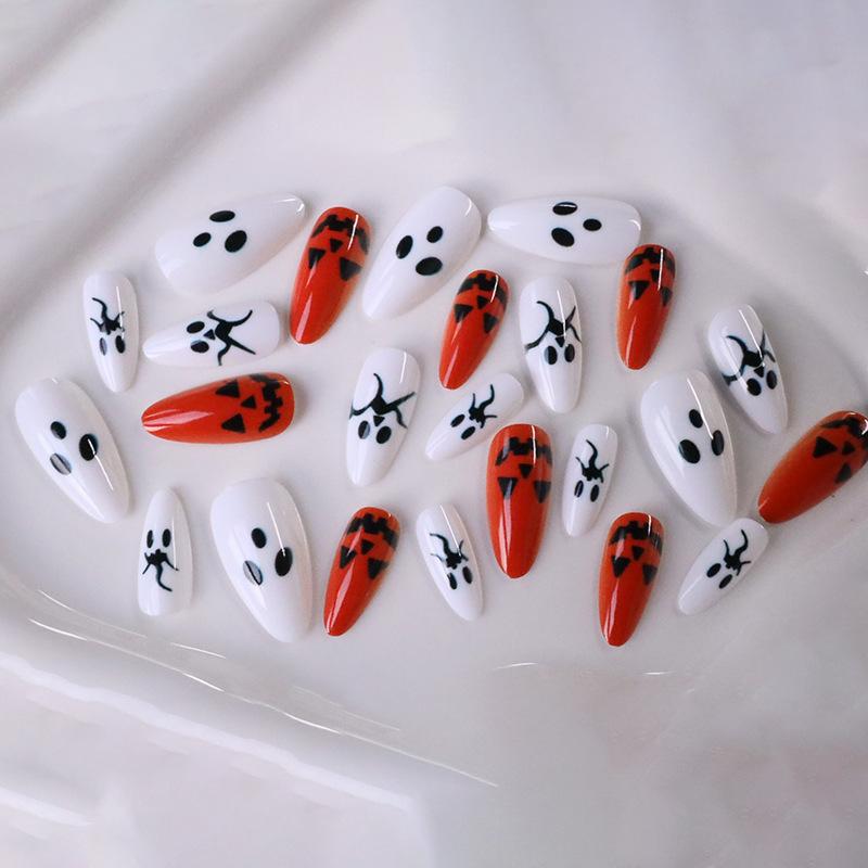 Hot-selling Manicure Halloween Cute Orange Pumpkin White Ghost Long Almond Wearing Nail Piece