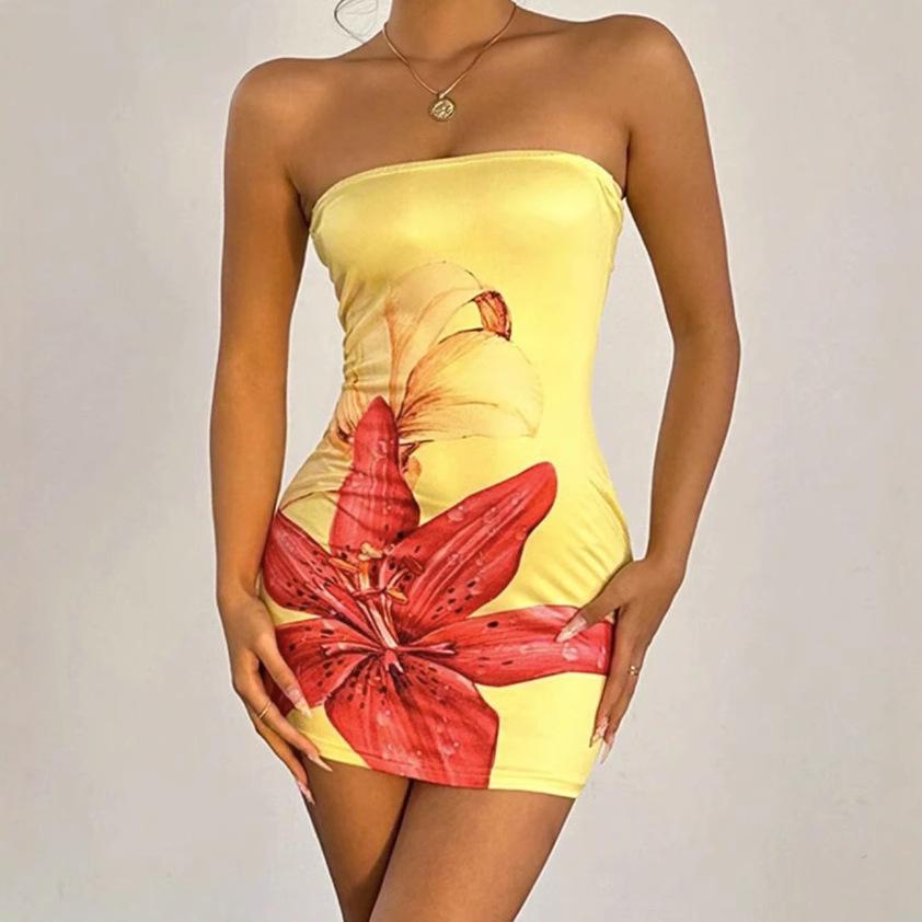 Summer Sexy Women's Strapless Floral Print Slim Hip-packing Short Dress