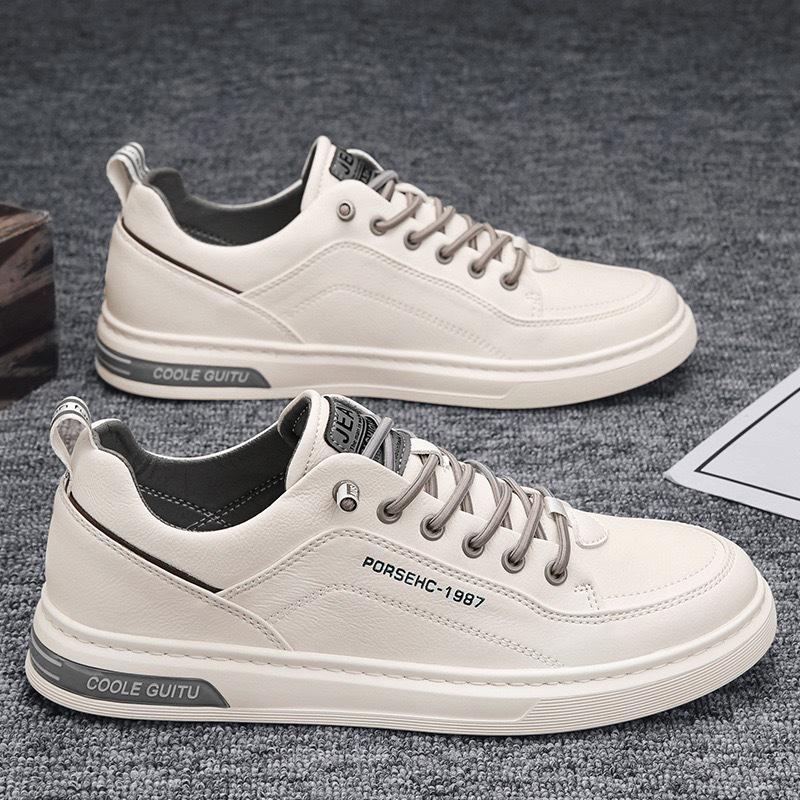 Men's Trendy Casual Leather Shoes - Spring/Autumn Versatile Korean Style Lightweight White Sneakers