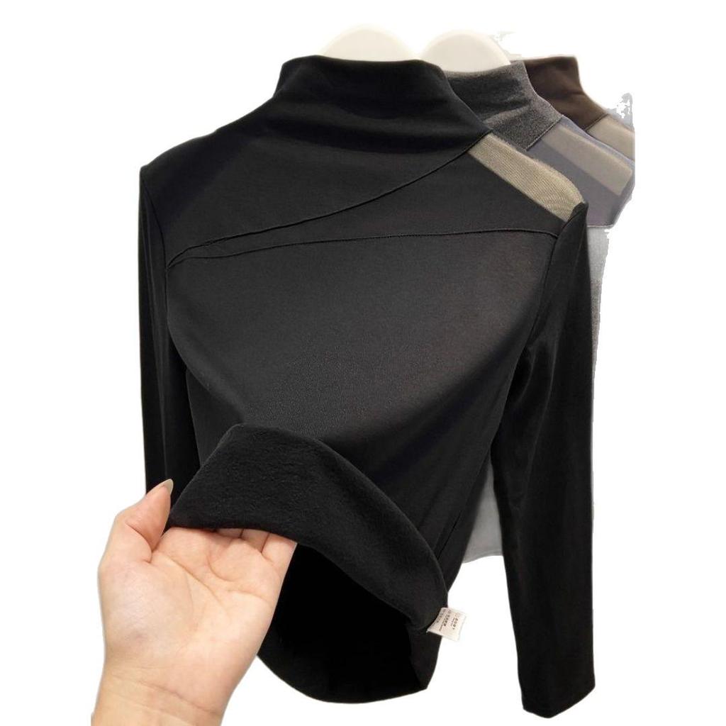 Plus Size Velvet Mesh Patchwork Stand Collar Long Sleeve Top for Women - Autumn/Winter Slimming Base Layer.