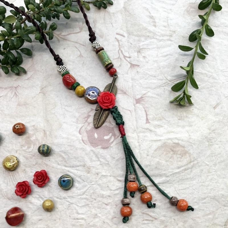 New Forest handmade ceramic necklace, women's retro versatile sweater chain simple long accessories pendant