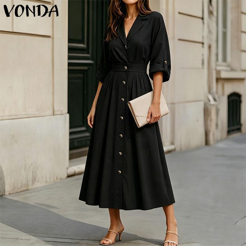 VONDA Womens Casual Lapel Collar Button Down Half Sleeve Office Style A Line Midi Shirt Dress