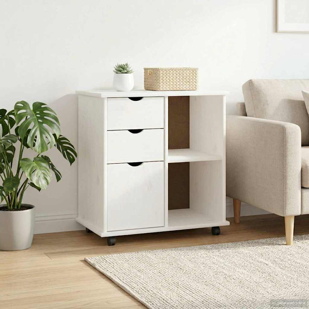Mobiler Schrank mit Rädern Weiß 63,5 x 39 x 65,5 cm Massivholz Kiefer
