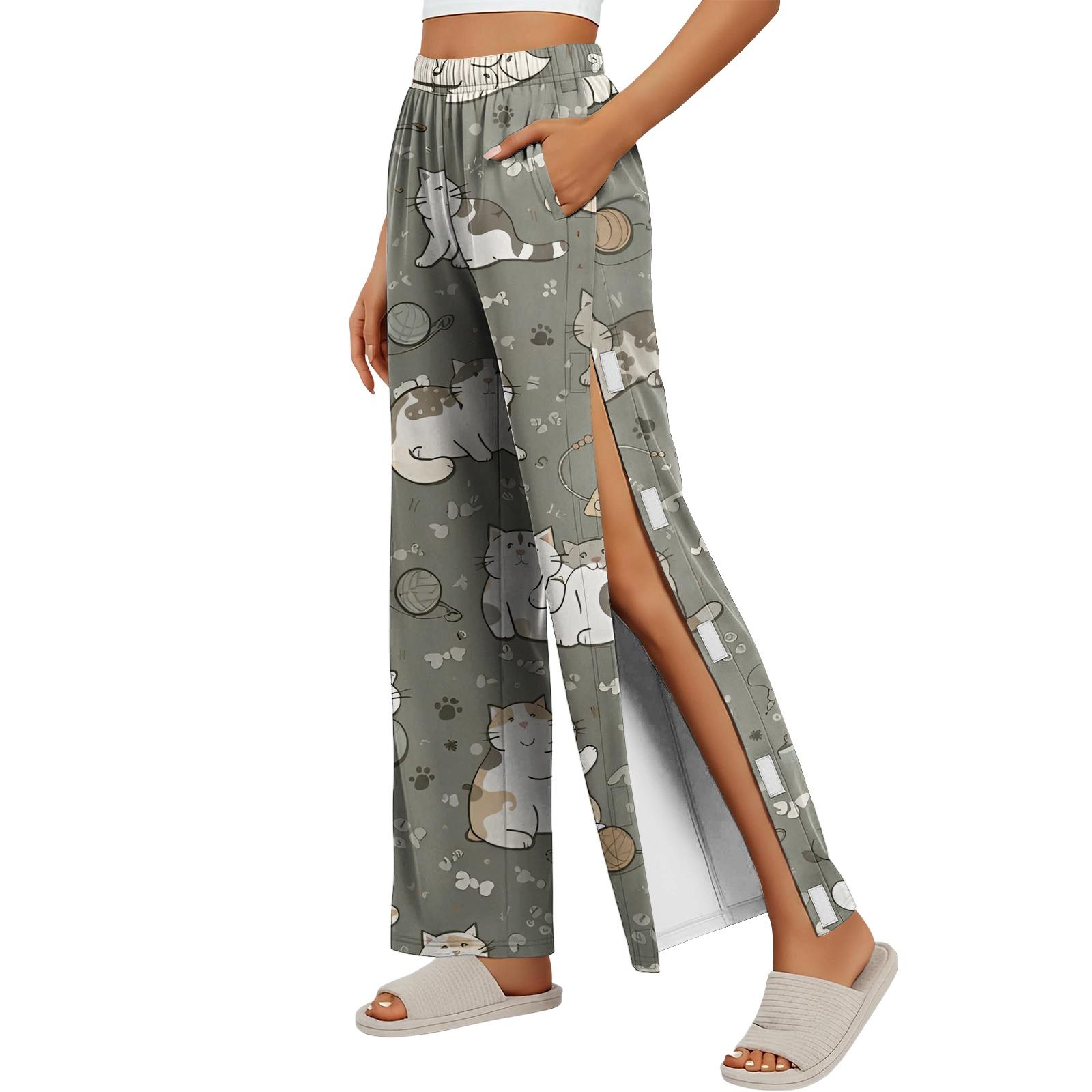 Wide Leg Palazzo Pants for Women Flowy Elastic High Waist with Pockets Split Leg Casual Pants for Women Print S