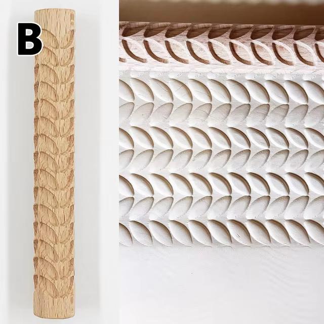 Clay Modeling Pattern Rollers, Wooden Texture Rollers for Clay Pottery Handmade Clay Roller Set Snowflakes Stars Wood Wave B