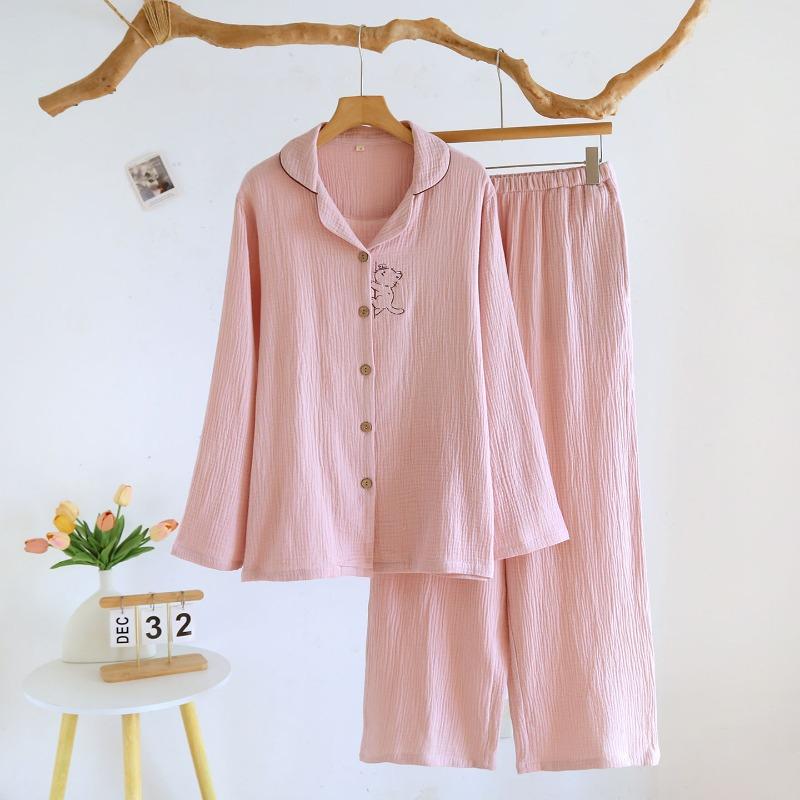 2026 New Spring and Autumn Women's Pajama Set 100% Cotton Crepe Solid Color Cat Long Sleeve Sweet Home Clothes Two Piece Set