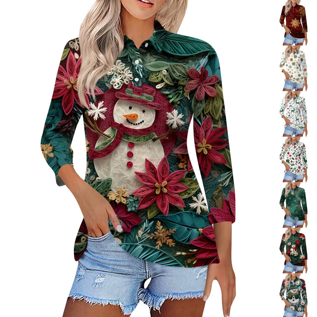 Women's Fashion Casual Button 3/4 Sleeve Vintage  Print Lapel Top