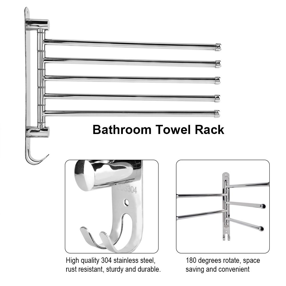 Stainless Steel Wall Mount Rotary Towel Rack Bathroom Towels Rail with Hook(Five Rods)
