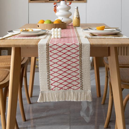Boho Style Table Runner Patchwork Color Long Farmhouse Rustic Table Runner with Tassel Party Home Decor