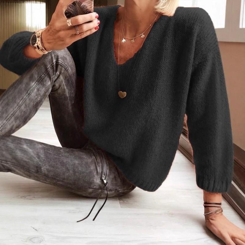 Damen Übergroßer V-Ausschnitt Drop Shoulder Pullover Lockerer Freizeit Strickpullover Mode
