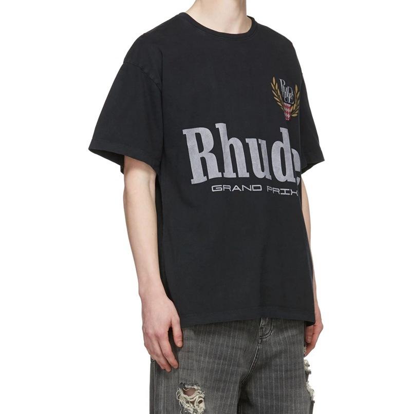 T-shirt a maniche corte trendy transfrontaliera 23SS del marchio RHUDE con micro-etichetta e stampa di lettere per uomo e donna, stile high street americano, vestibilità larga, per coppia
