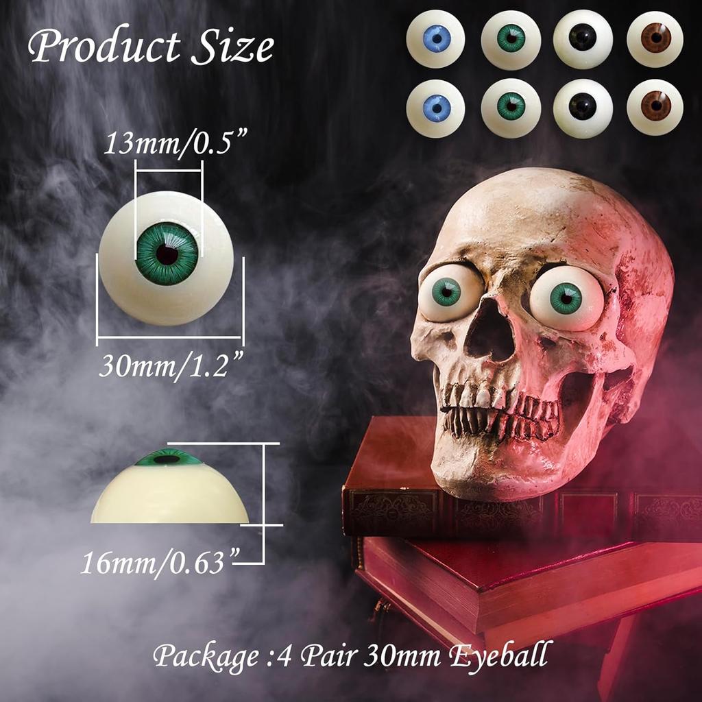 Realistic Acrylic Halloween Eyeball 4 Pairs Half Round Plastic Eyeball Doll Making Eyes Halloween Decor Props 1.18 in Fake Eyes, Black, Brown, Green,