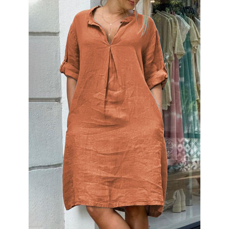 TIFICY Moda feminina primavera outono cor sólida estampa manga comprida decote em v cintura solta vestidos casuais