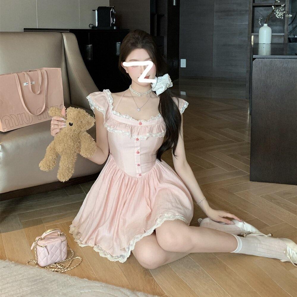 French Pink Lace Neck Sling Dress Women's Summer Halter Bow Waist Unique Beautiful Small Skirt