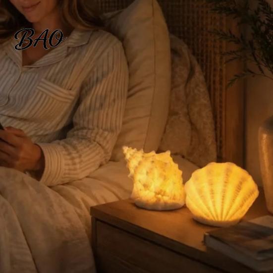 Safe Midnight Navigation Conch Shell Night Light, Resin LED Lamp with Auto Timer, Light for Bedroom Beach Theme Decorative Lighting Coastal