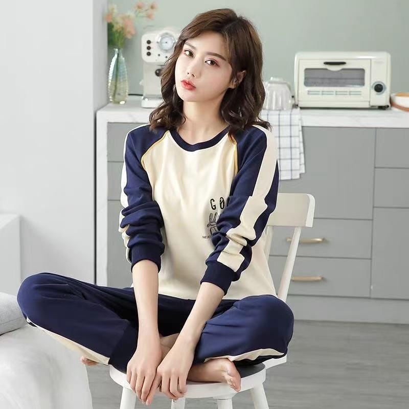 Dámské pyžamo z čisté bavlny - Jarní/podzimní jednobarevné, kulatý výstřih, dlouhý rukáv, volné, ležérní, pohodlný domácí oděv.