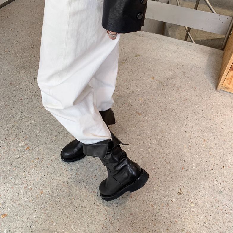 Spot Version~ New Split-ended Folded Retro Martin Boots Western Cowboy Boots Women's Thick-soled Knight Medium Boots Short Boots