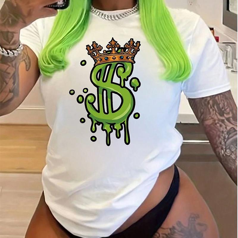 

Fashion Women Personalized Crown Money Print T Shirt Funny Casual O-neck Short Sleeves T-shirt Summer Female Tee Shirt