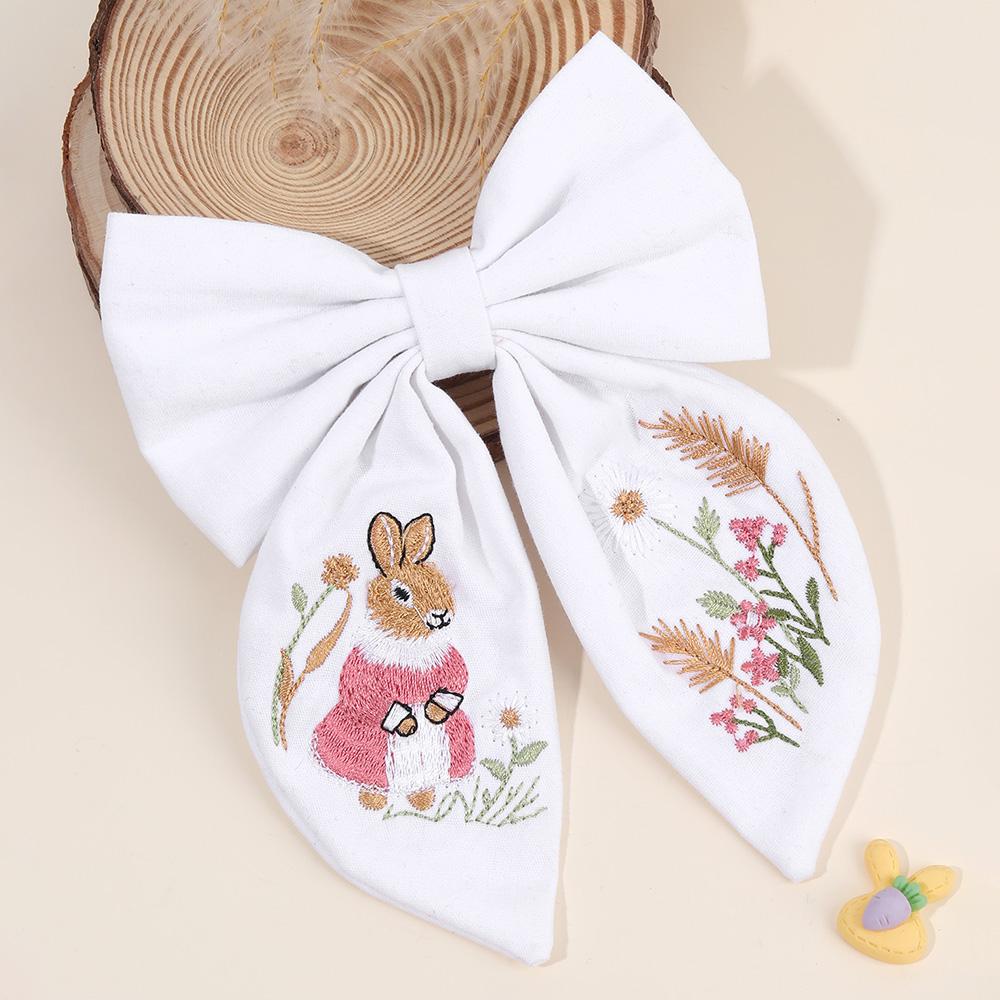 Rabbit Embroidery Bow Hair Clip Sweet Girls Bunny Bowknot Hairpin Handmade Fabric Children's Headdress Headwear Kids Accessories
