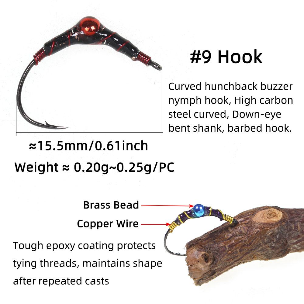 #9 Brass Bead Epoxy Chironomid Buzzer Nymph Fly, Midge Pupa Fast Sinking Fly Fishing Flies for Trout Grayling Bass