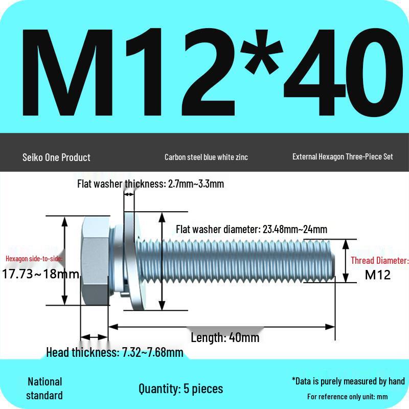 Grade 8.8 Galvanized Hex Bolt Set: Includes Hex Bolt, Spring Washer, Flat Washer (Sizes: M4, M5, M6, M8, M10, M12)
