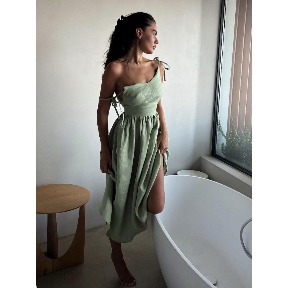 Women's Tie Spaghetti Strap Midi Dress Slim Waist A Line Solid Cotton Vacation Elegant Summer Sundress