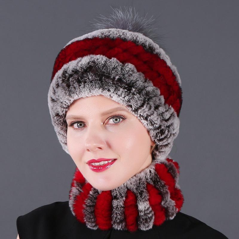 New hat scarf winter thickened thermal hat Rex rabbit fur grass Rex rabbit fur scarf two-piece set