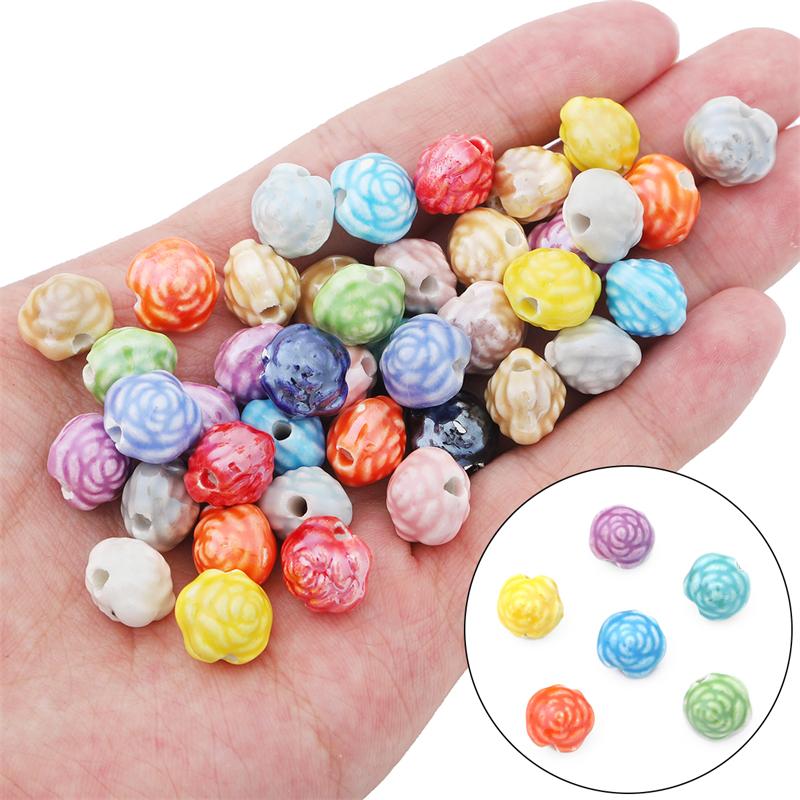 10 Stück/Beutel, 12 x 10 mm, handgefertigt, bunte Rosenblume, Keramik-Charm-Perlen, Porzellan-Abstandsperlen für Halskette, Armband, DIY-Schmuckherstellung