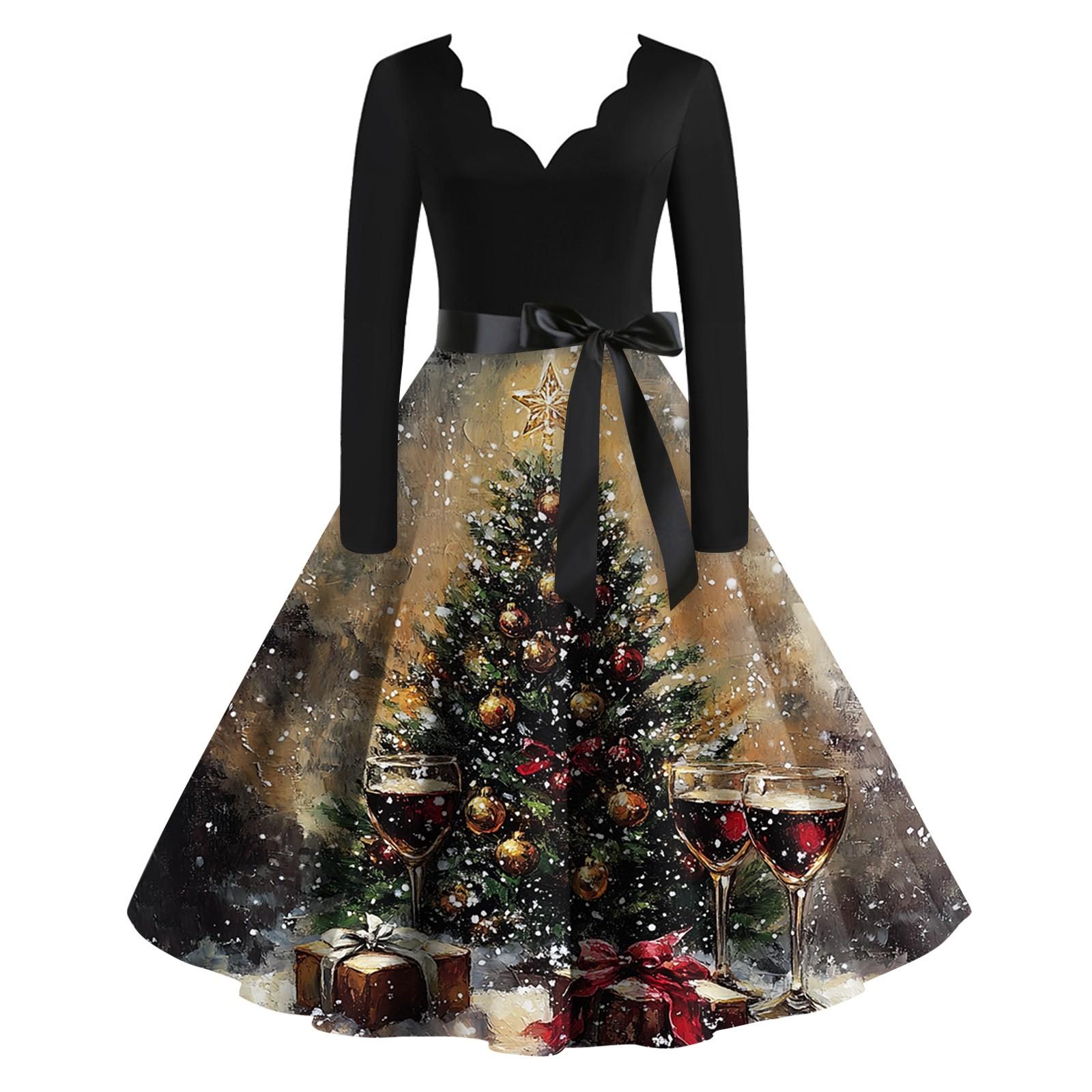 

Женское рождественское платье с V-образным вырезом и широким подолом, длинное платье с рукавами L