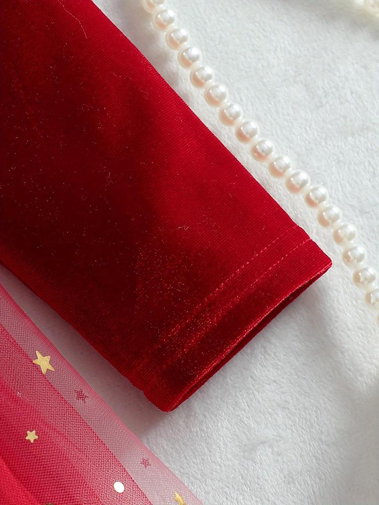 Girls Long Sleeve Red Velvet Star Moon Tulle Dress Kids Spring Autumn Princess Dress