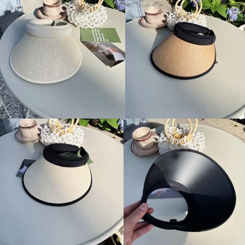 Summer Sunshade Black Rubber Hat Women's Adjustable Straw Hat Fashionable Outdoor Sun Hat  Headband Bare Top Beach Hat Casquette