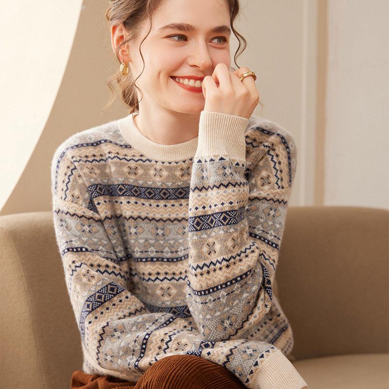 Women's Color Block Jacquard Cashmere Sweater - Autumn/Winter Korean Style Round Neck Knit